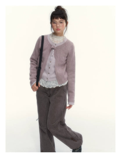 Korean Contrast Bow-Tie Layered Knit Cardigan (Blue / Purple)