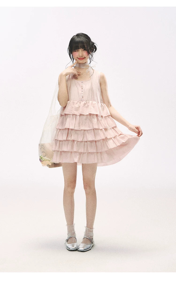 "Misty Pink Reverie" Petal Pink Lace Tie Tiered Sleeveless Dress