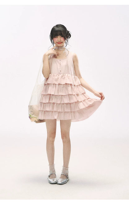 "Misty Pink Reverie" Petal Pink Lace Tie Tiered Sleeveless Dress
