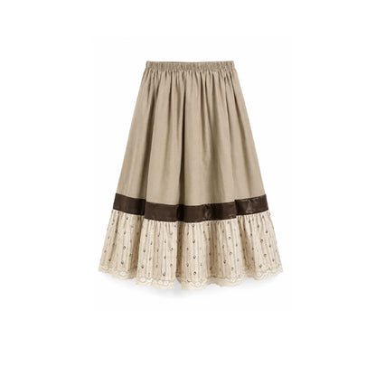 DAILY ARTIST - Tea Brown Color-Block Floral Lace-Trim A-Line Skirt