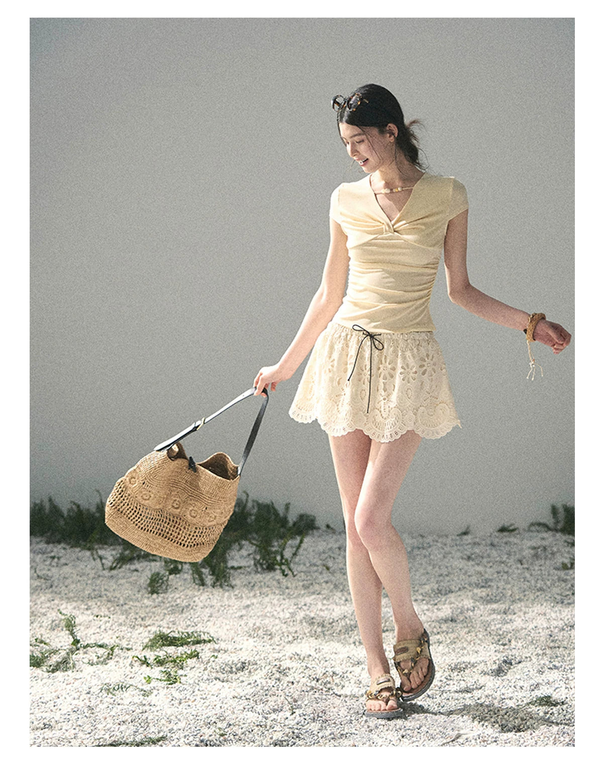 “Sheer Spring Whisper” Milkshake Yellow Twist V-Neck Top