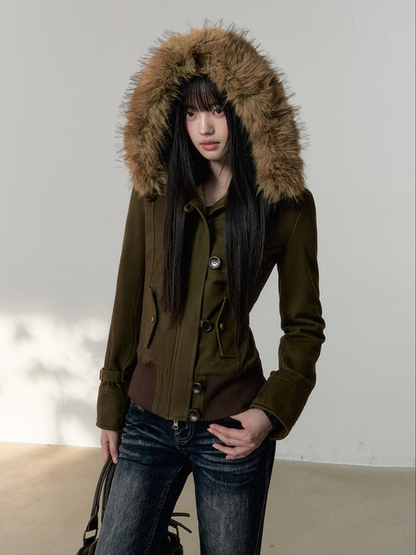 Soote Season - “Vintage Hourglass” Faux Fur–Lined Hooded Waist-Cinched Cotton Jacket - Military Green