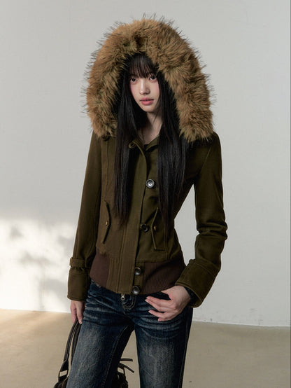 Soote Season - “Vintage Hourglass” Faux Fur–Lined Hooded Waist-Cinched Cotton Jacket - Military Green