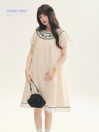 "Midnight Princess" Yellow Flower Rope Embroidered Babydoll Midi Dress
