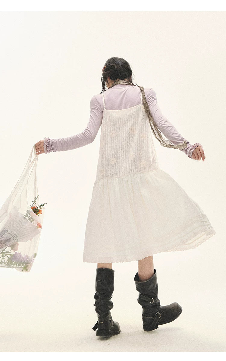 "Ivory Blossoms" Apricot Mist Beige Floral Pinafore Midi Dress