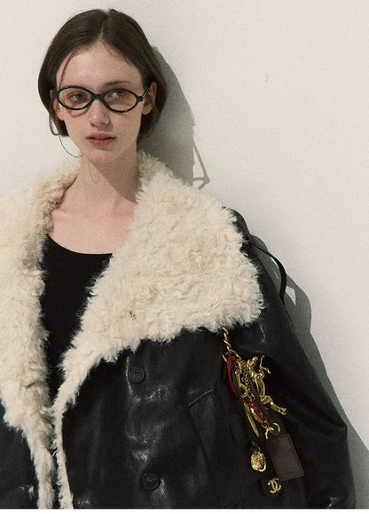 OAKMOO/ Cropped Faux Leather Shearling-Collar Jacket (Rich Black / Hazelnut Khaki)