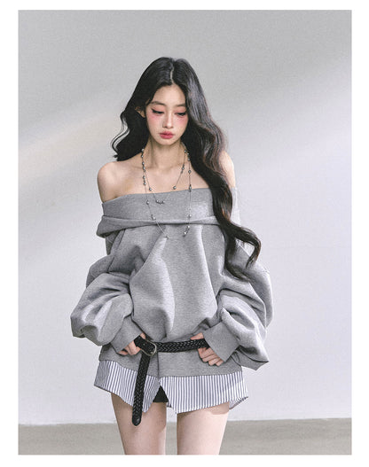 少也眼 ""Yale-Inspired Girl" Faux-Layered Oversized Hoodie with Belt 4536486