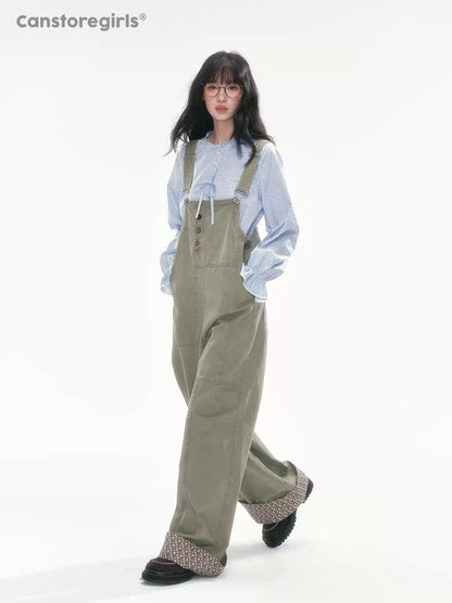 [CAN] Olive Green Floral-Trim Cargo Overalls
