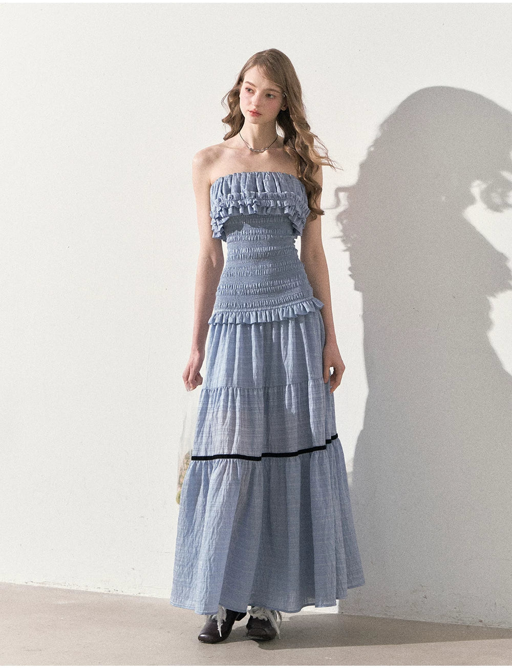 "Twilight Verses" Misty Blue Smocked Ruffle Maxi Dress