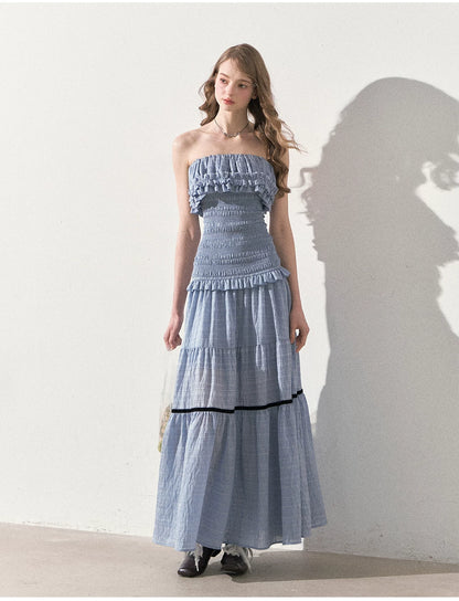 "Twilight Verses" Misty Blue Smocked Ruffle Maxi Dress
