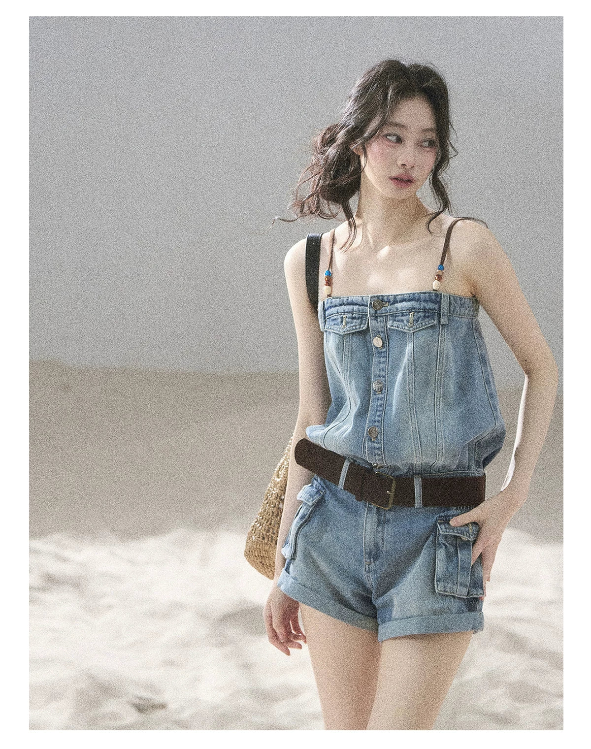 "A Walk by the Sea" Collegiate Blue Denim Utility Romper (With Belt)
