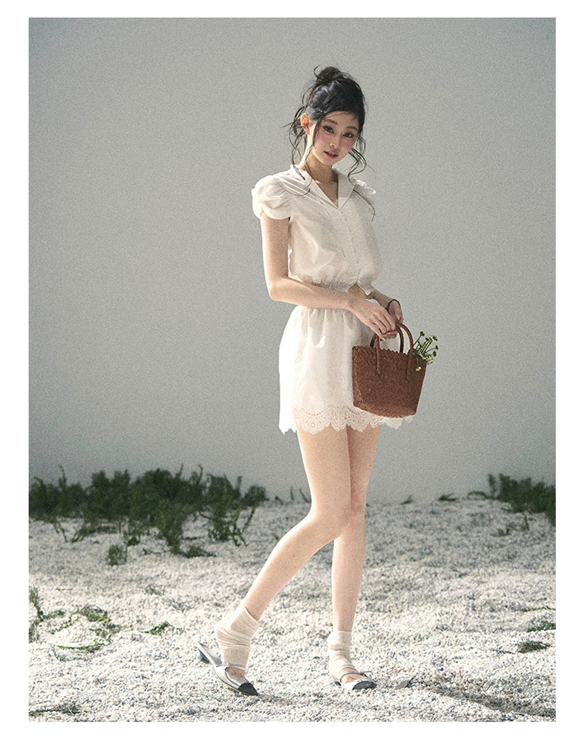 "Rose Petals in Secret" Cloud White Lace Two-Piece Skirt Set 142453