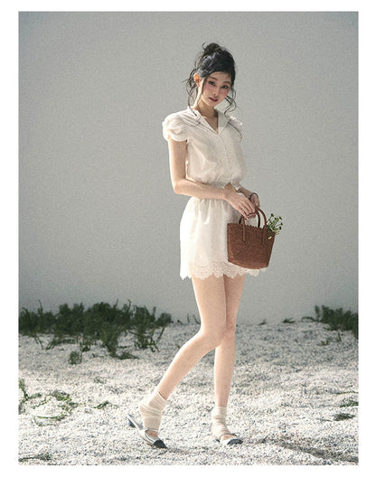 "Rose Petals in Secret" Cloud White Lace Two-Piece Skirt Set 142453