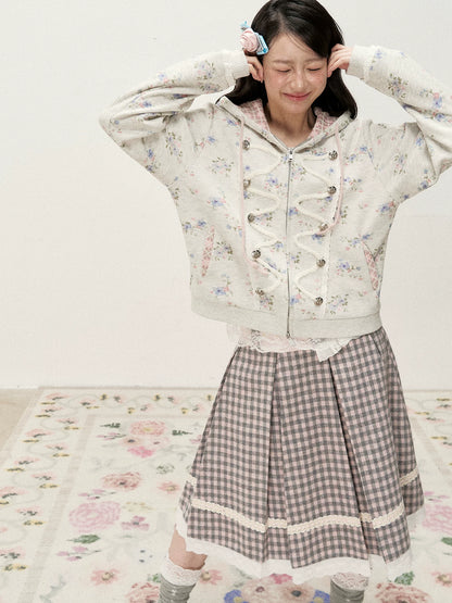 [RF] Vintage Floral Waffle Knit Hoodie Cardigan with Gingham Lining