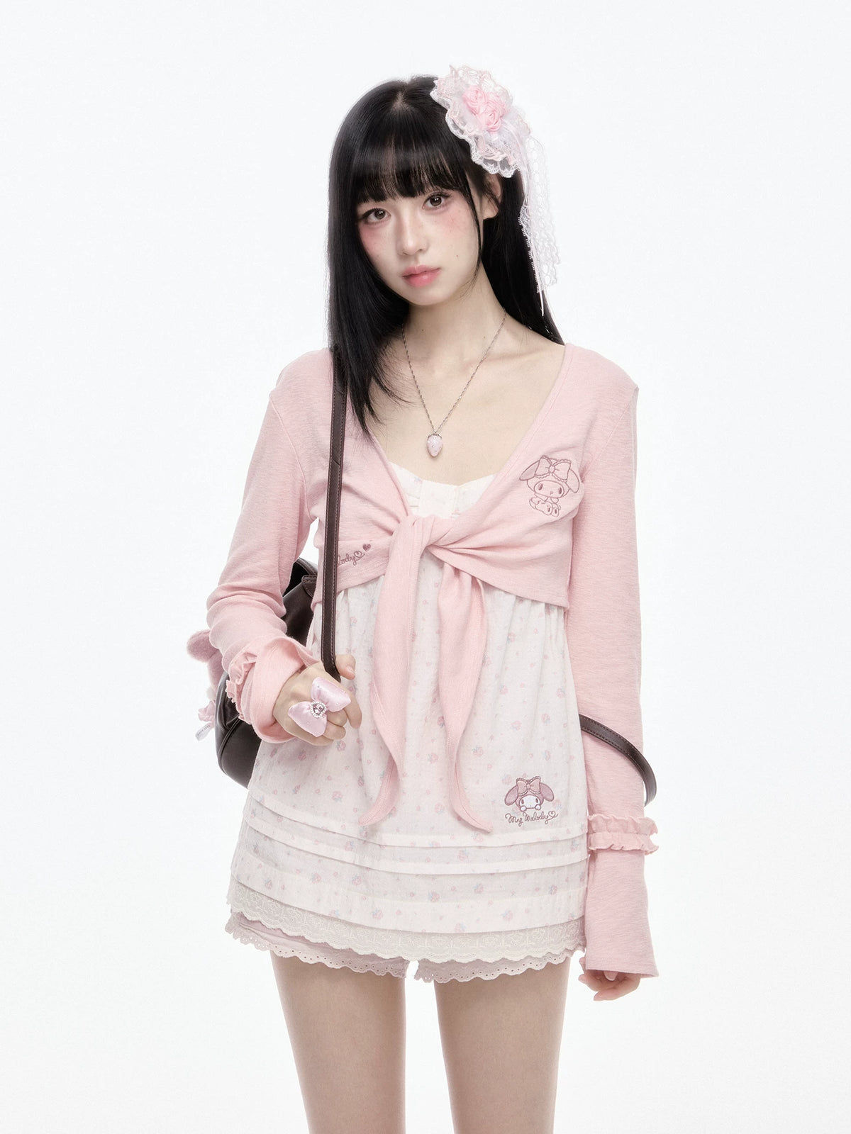 “Melody Blush Garden” Pink Knit Cardigan & Floral Cami Set
