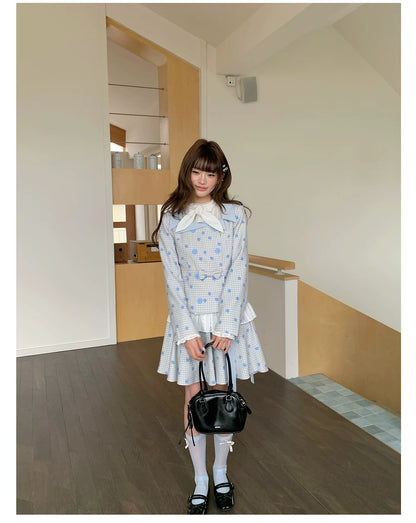“Bluebell Letter” Light Blue Plaid Blazer Top & Ribbon Skirt