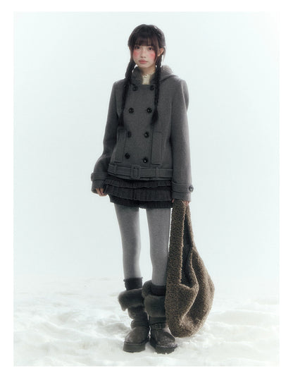Horridale - Dark Gray Double-Breasted Hooded Wool Blend Coat