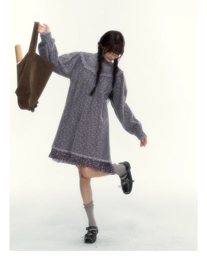 Gray Purple Floral Mesh Overlay A-Line Dress