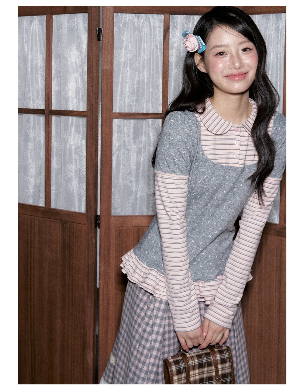 [RF] Floral Gray Pink Faux Two-Piece Striped Layered Blouse with Peter Pan Collar