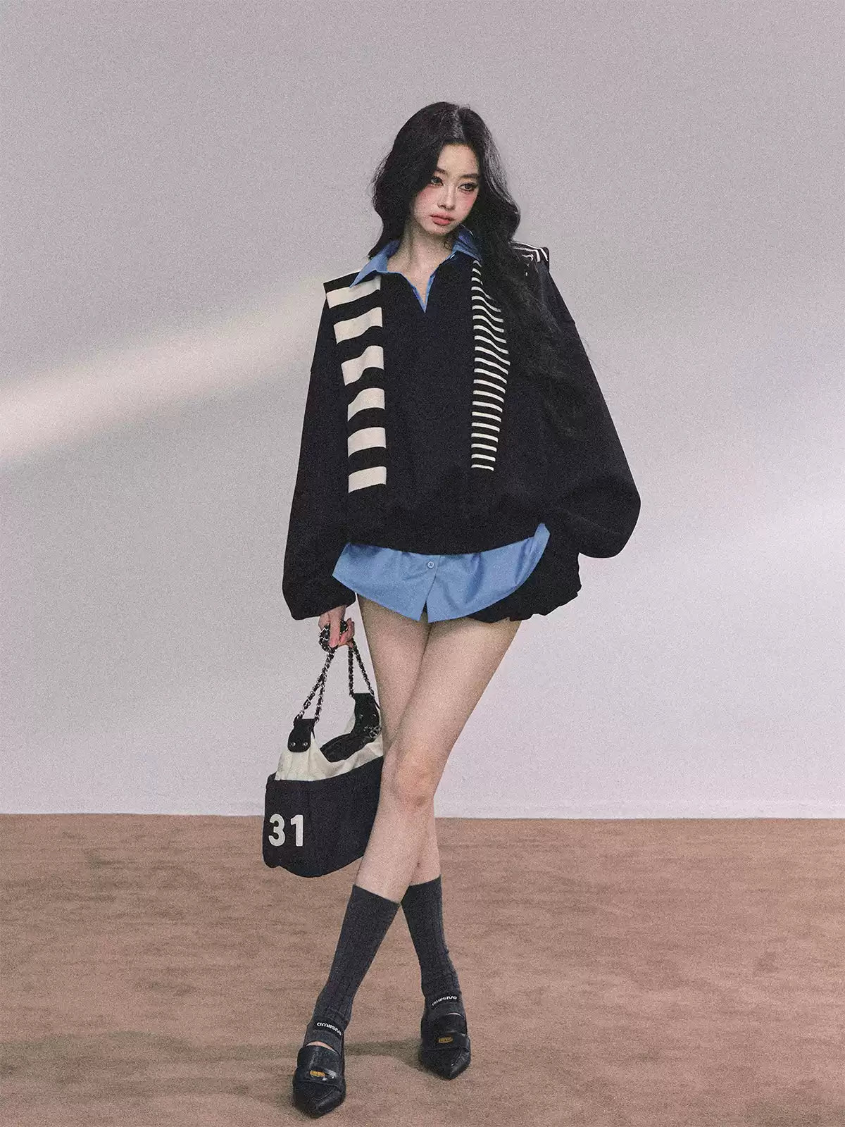 少也眼 Preppy American-Style Layered Look Sweatshirt with Cape