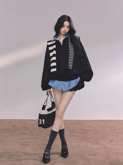 少也眼 Preppy American-Style Layered Look Sweatshirt with Cape