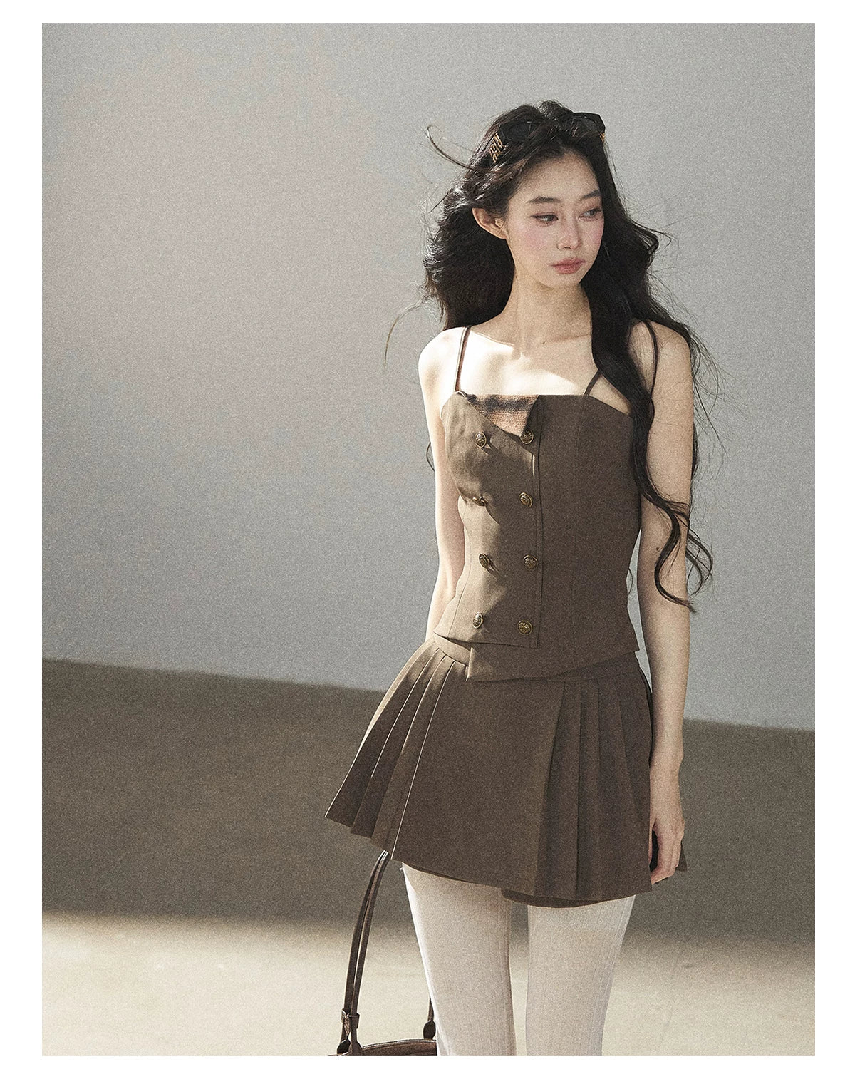 AOMALM - “Evening Breeze in the Valley” Chestnut Brown Blazer, Cami & Pleated Skort Set