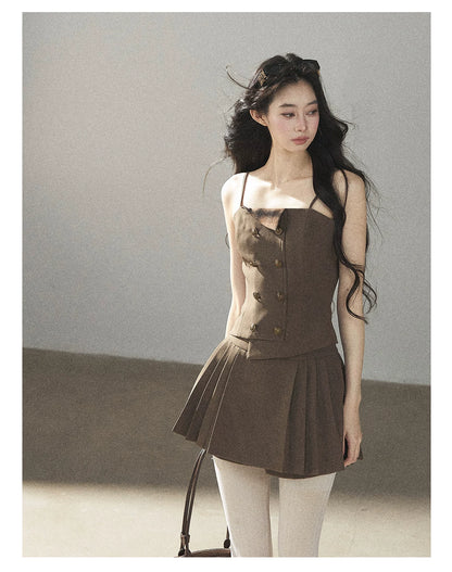 AOMALM - “Evening Breeze in the Valley” Chestnut Brown Blazer, Cami & Pleated Skort Set