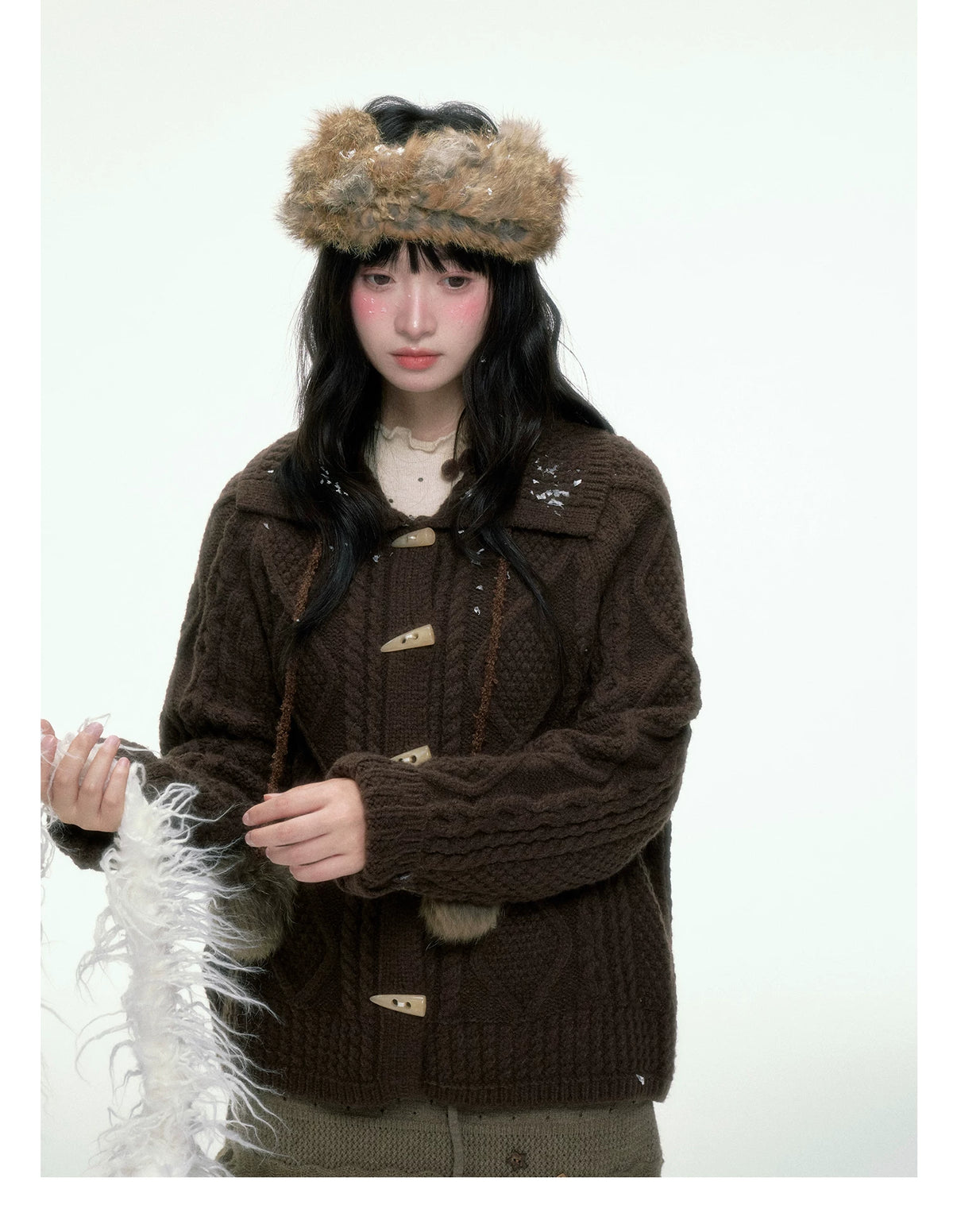 BIBIBENCY - Brown Cable-Knit Cardigan with Toggle Closures