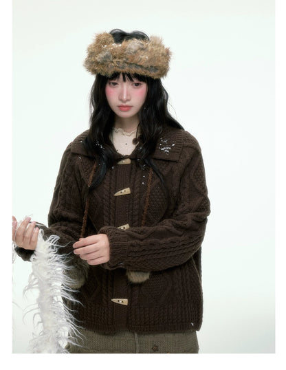BIBIBENCY - Brown Cable-Knit Cardigan with Toggle Closures