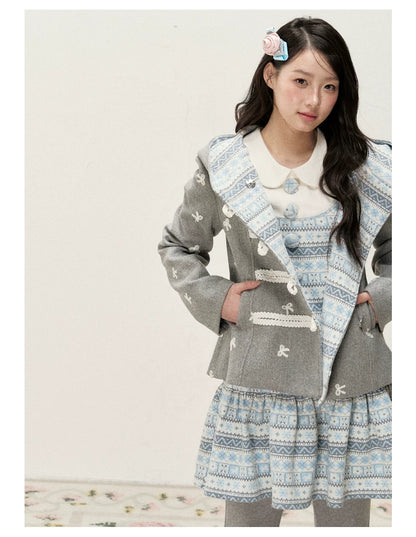 [RF] Heather Gray Vintage Jacquard Hooded Jacket with Frost Mist Blue Details