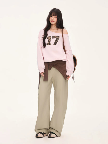 "Pink Panther Mood" Blush Pink Leopard Patch One-Shoulder Sweatshirt