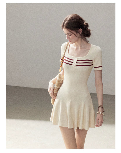 "First Date" Ivory Square Neck Knit Pleated Mini Dress