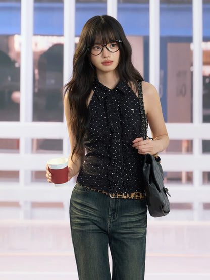 "Midnight Rendezvous" Black Polka Dot Halter Sleeveless Blouse