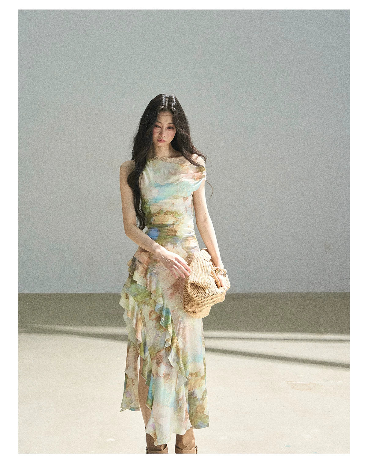 "Daisies & Poppies" Misty Meadow Off-Shoulder Lace Maxi Dress