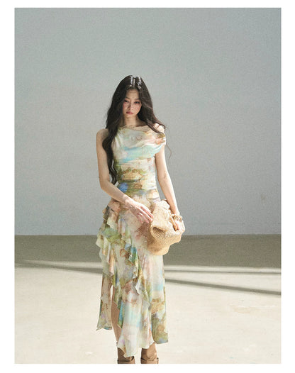 "Daisies & Poppies" Misty Meadow Off-Shoulder Lace Maxi Dress