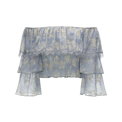 Lavender Floral Off-Shoulder Ruffle Crop Top