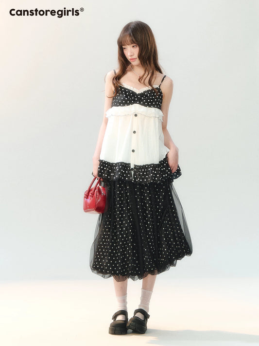 150626C "Midnight Sweet Isle" Black Polka Dot Lace Two-Piece Skirt Set