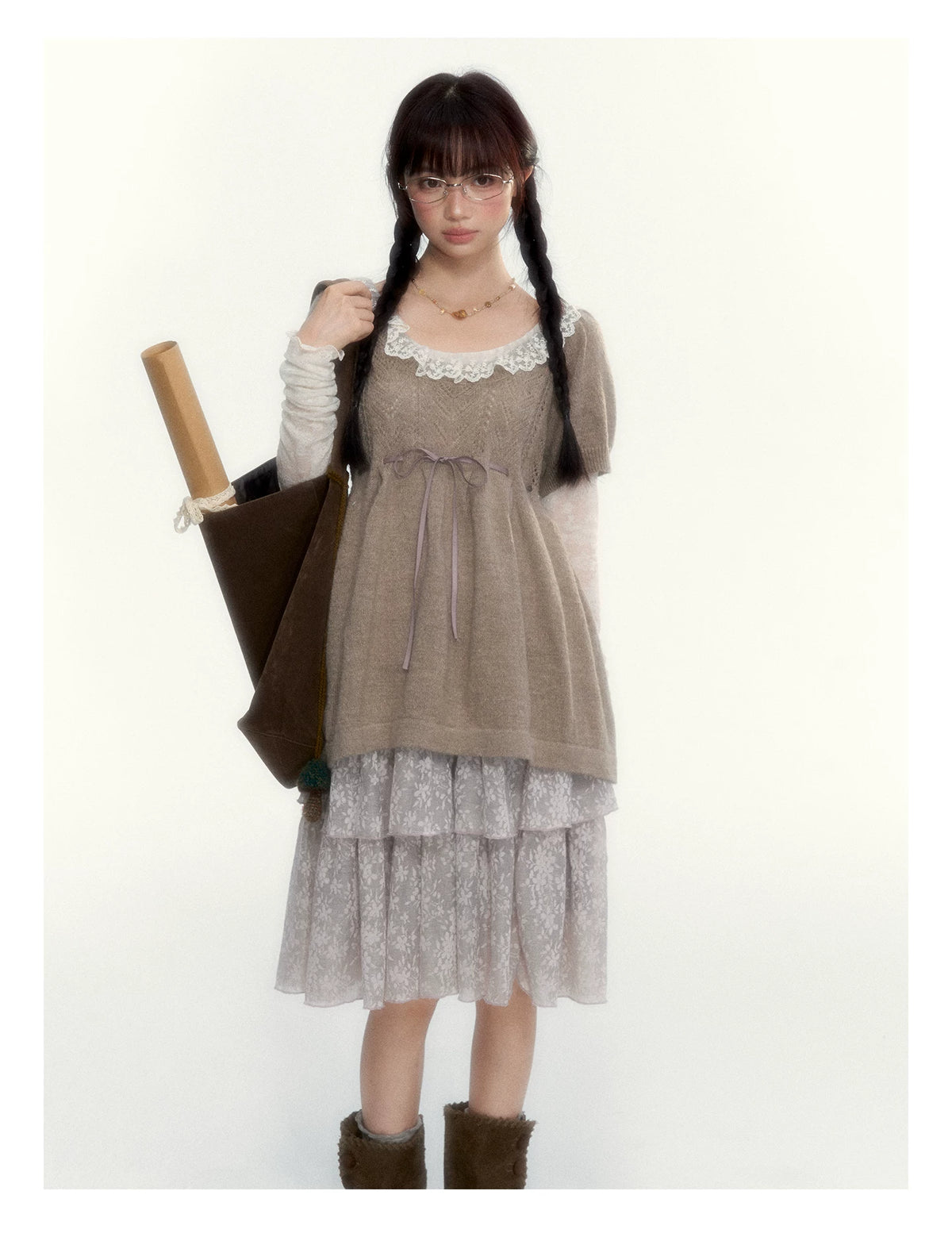 “Cloud Pleats” Chestnut Mist U-Neck Bow-Tie Puff Sleeve Knit Sweater