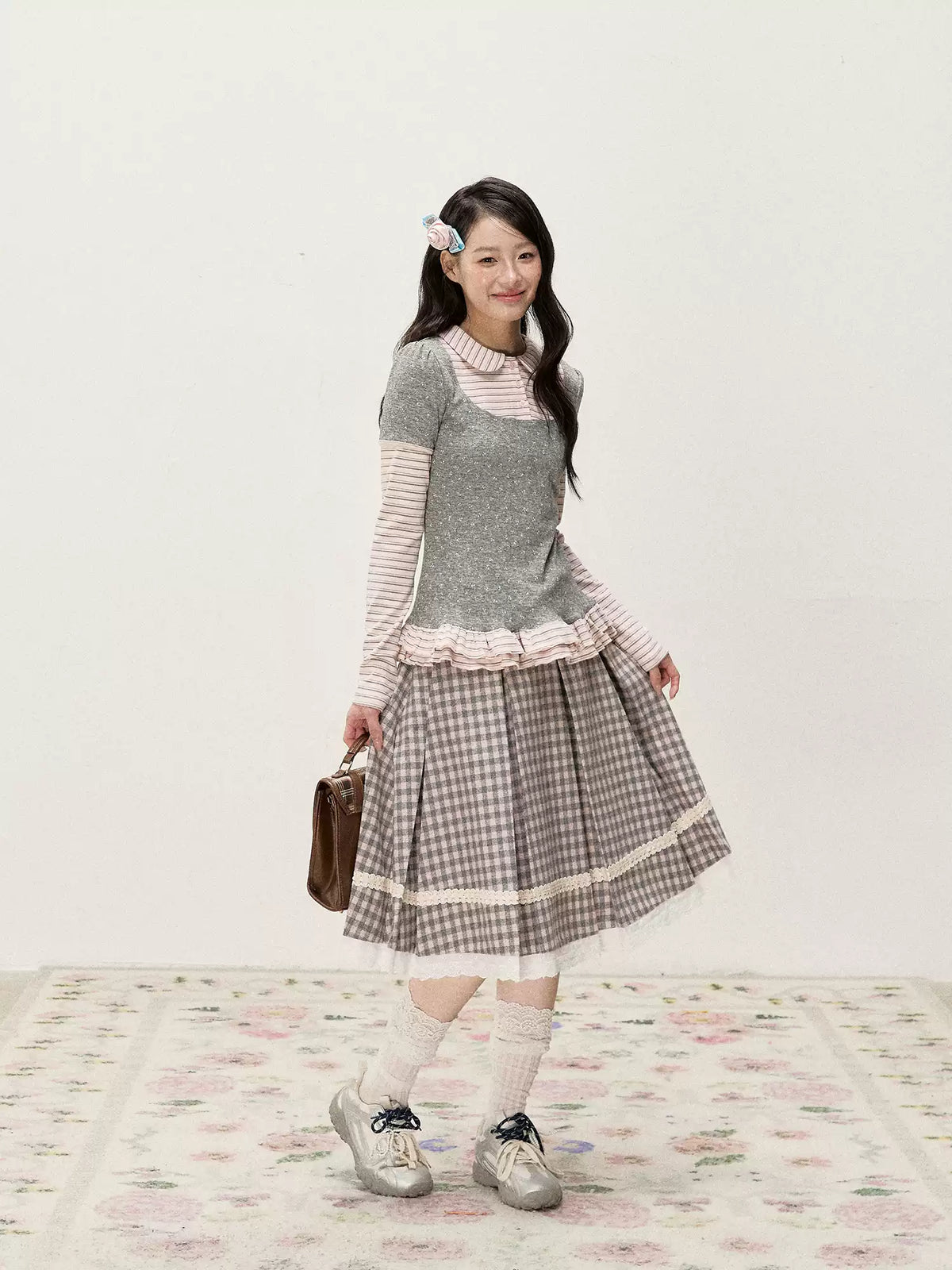 [RF] Floral Gray Pink Faux Two-Piece Striped Layered Blouse with Peter Pan Collar