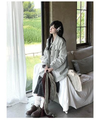 "Sage Whisper" Layered Trench Collection (Round Collar Coat / Knit Top / Polka Dot Cami / Plaid Skirt)