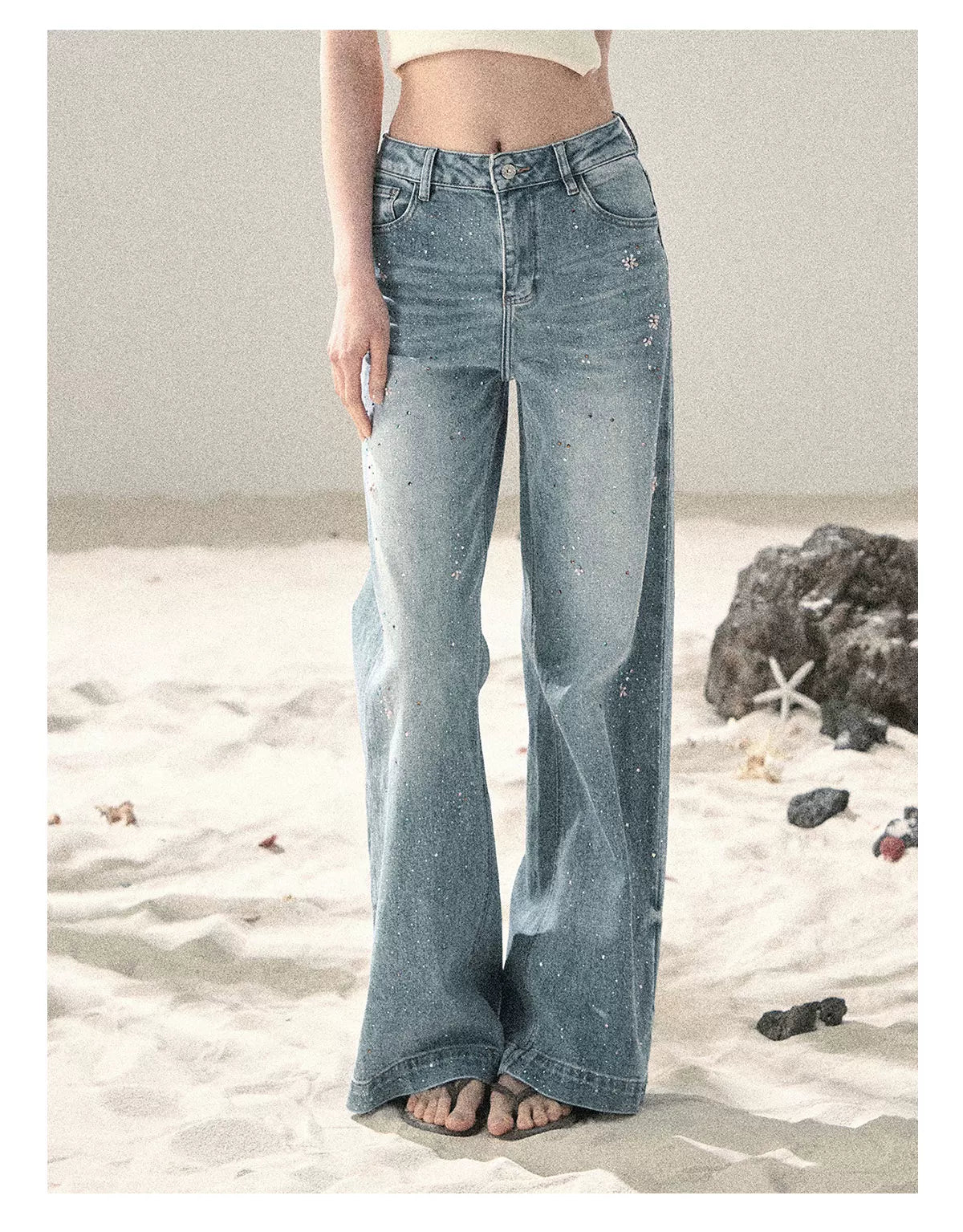 "Starlit River Shimmer" Distant Sky Blue Rhinestone Wide-Leg Jeans 65633