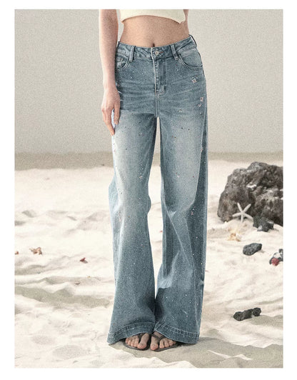 "Starlit River Shimmer" Distant Sky Blue Rhinestone Wide-Leg Jeans 65633
