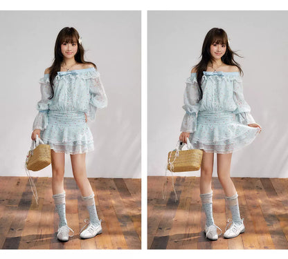 “Blue Meringue Reverie” Blue Off-Shoulder Cake Dress