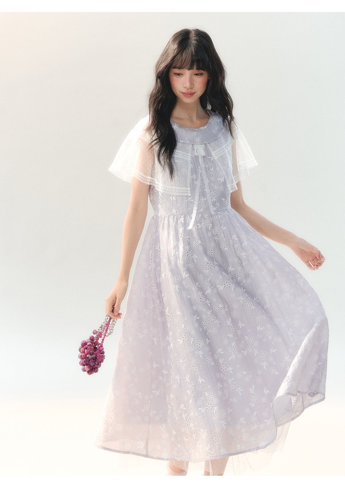 [CAN] "Lavender Bloom Whisper" Purple Floral Cape Tulle Tie-Waist Dress