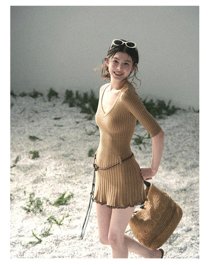 “Amber Memoir” Milk Tea Knit Mini Dress