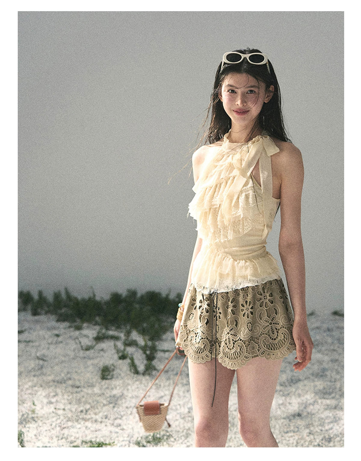 “Spring Traces in Tulle” Pale Butter Lace Halter Top