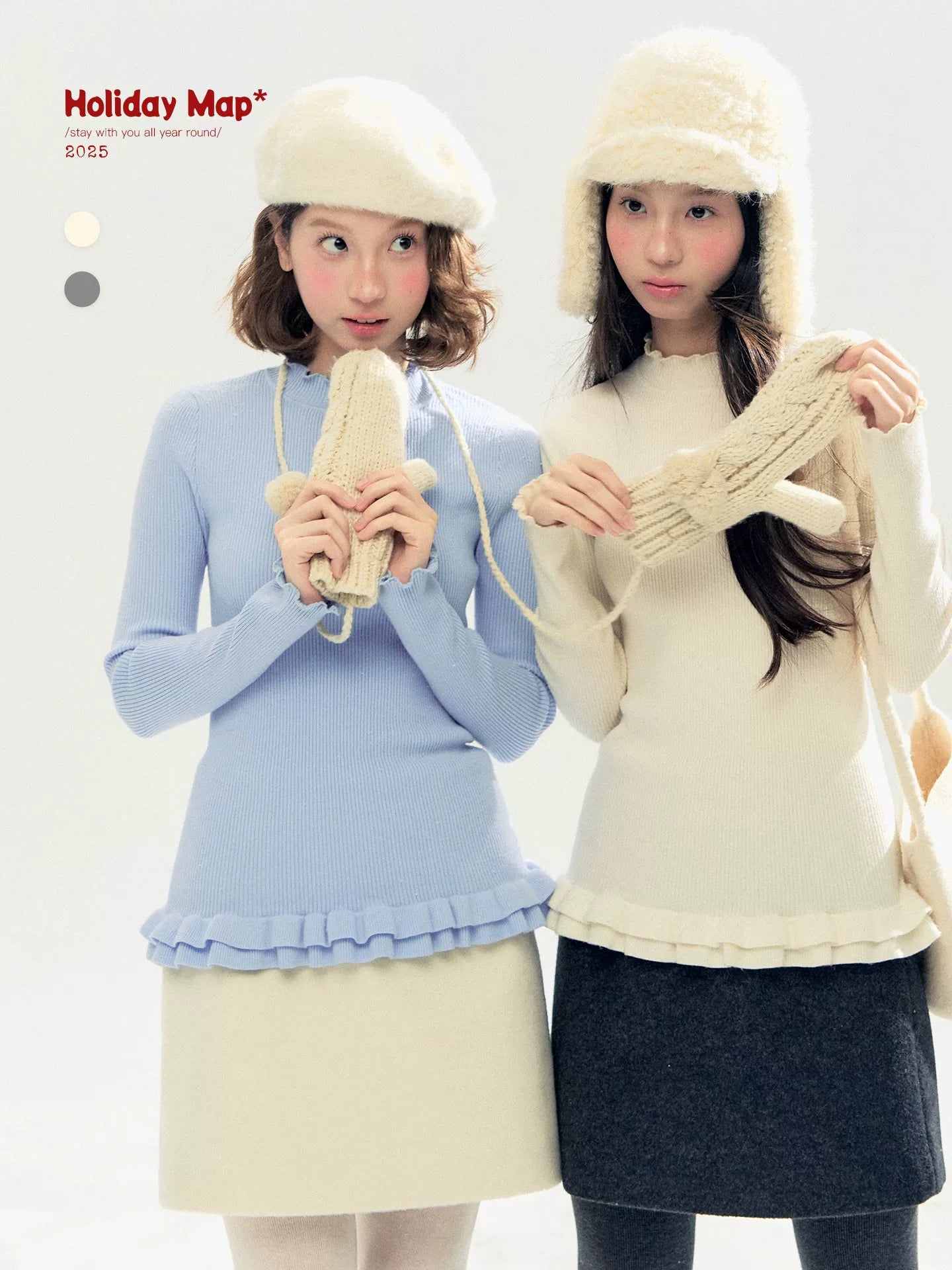 "Soft Whisper" Ruffle Mock Neck Ribbed Knit Top (Ivory/ Smoky Gray)