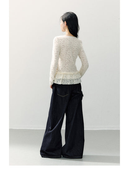 ANNATTO - Beige Apricot Faux Two-Piece Lace Long Sleeve Top & Blue Denim Pants Set