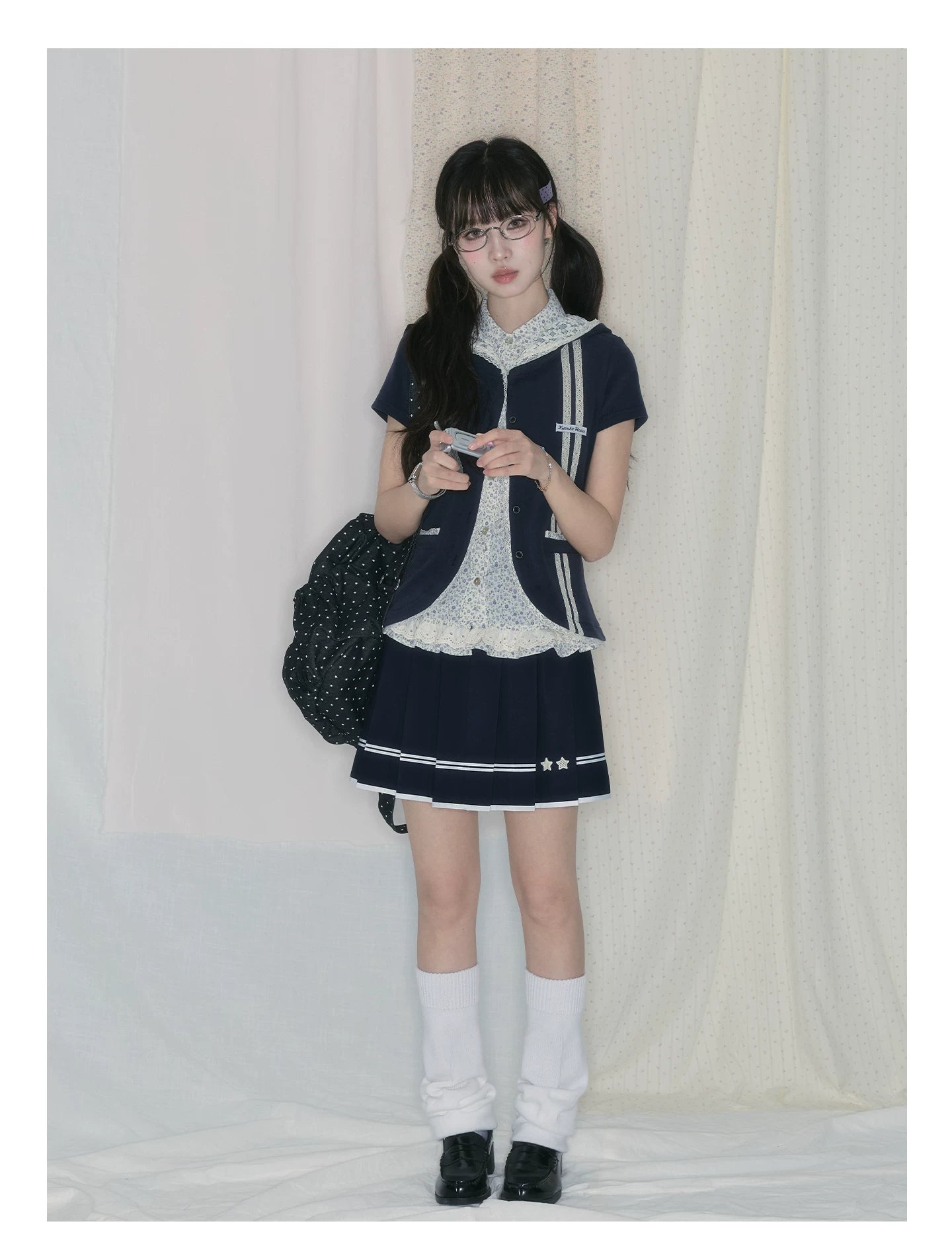 "Midnight Blossom" Vintage Floral Collection (Sleeveless Blouse / Hooded Cardigan / Box Pleated Skirt)
