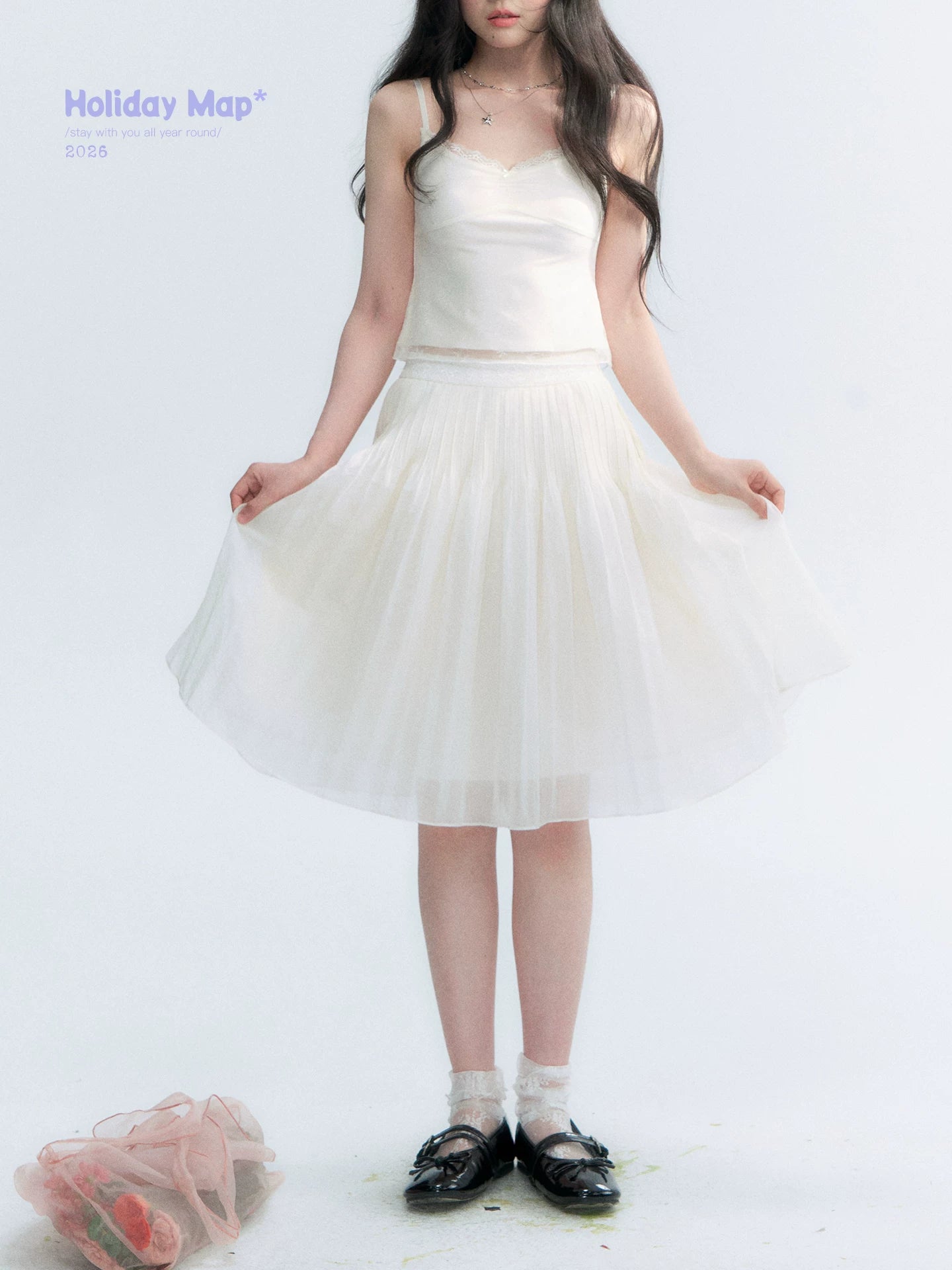 "Light Steps" Oat Apricot Pleated Lace Midi Skirt